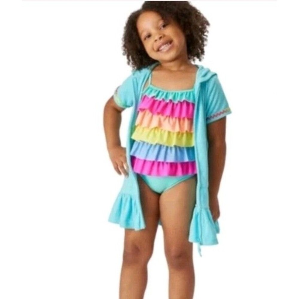 Girls Size 3T FlapDoodles 1-Piece Swimsuit & Hooded Full Zip Terry Coverup Pink
